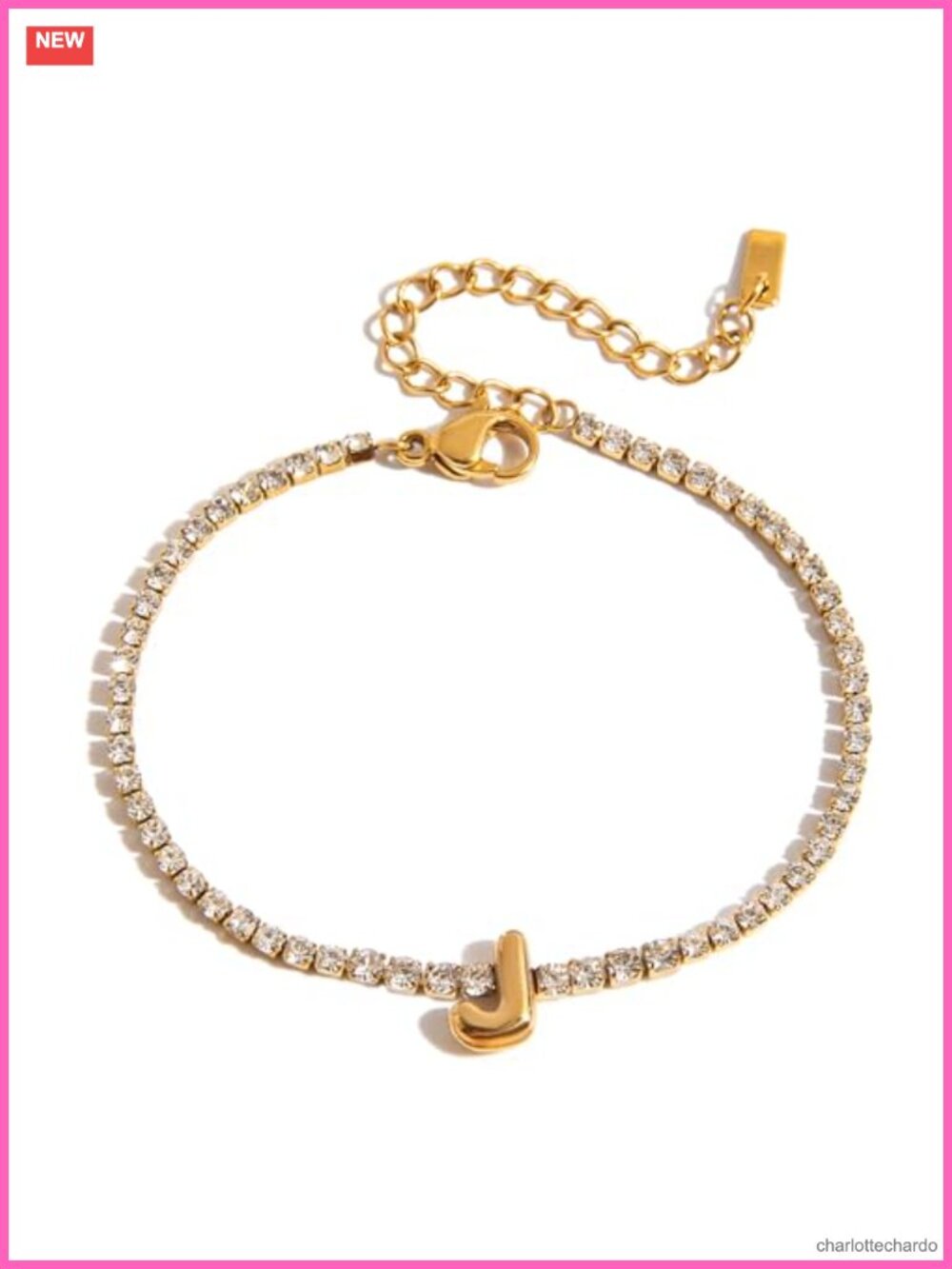 Gold Initial Charm Bracelet Link Rhinestone Women